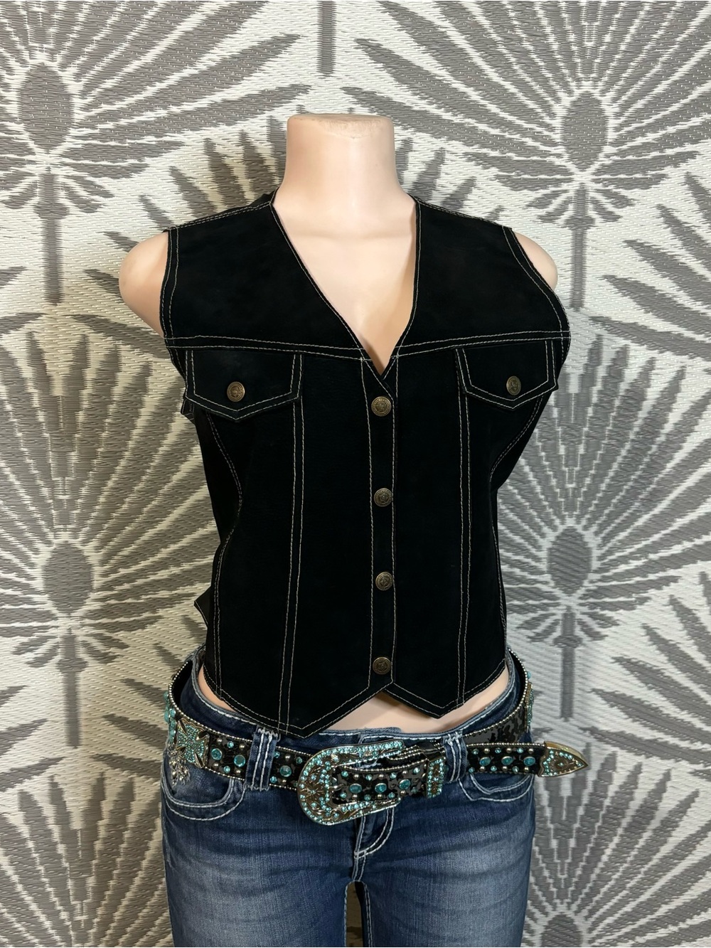 Vintage Black Suede Leather Vest Contrast Stitch Western Y2K Moto L